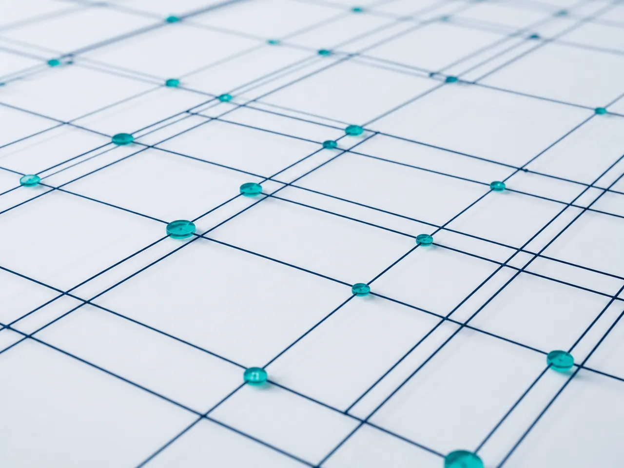 Abstract structured network grid with navy lines and teal connection points