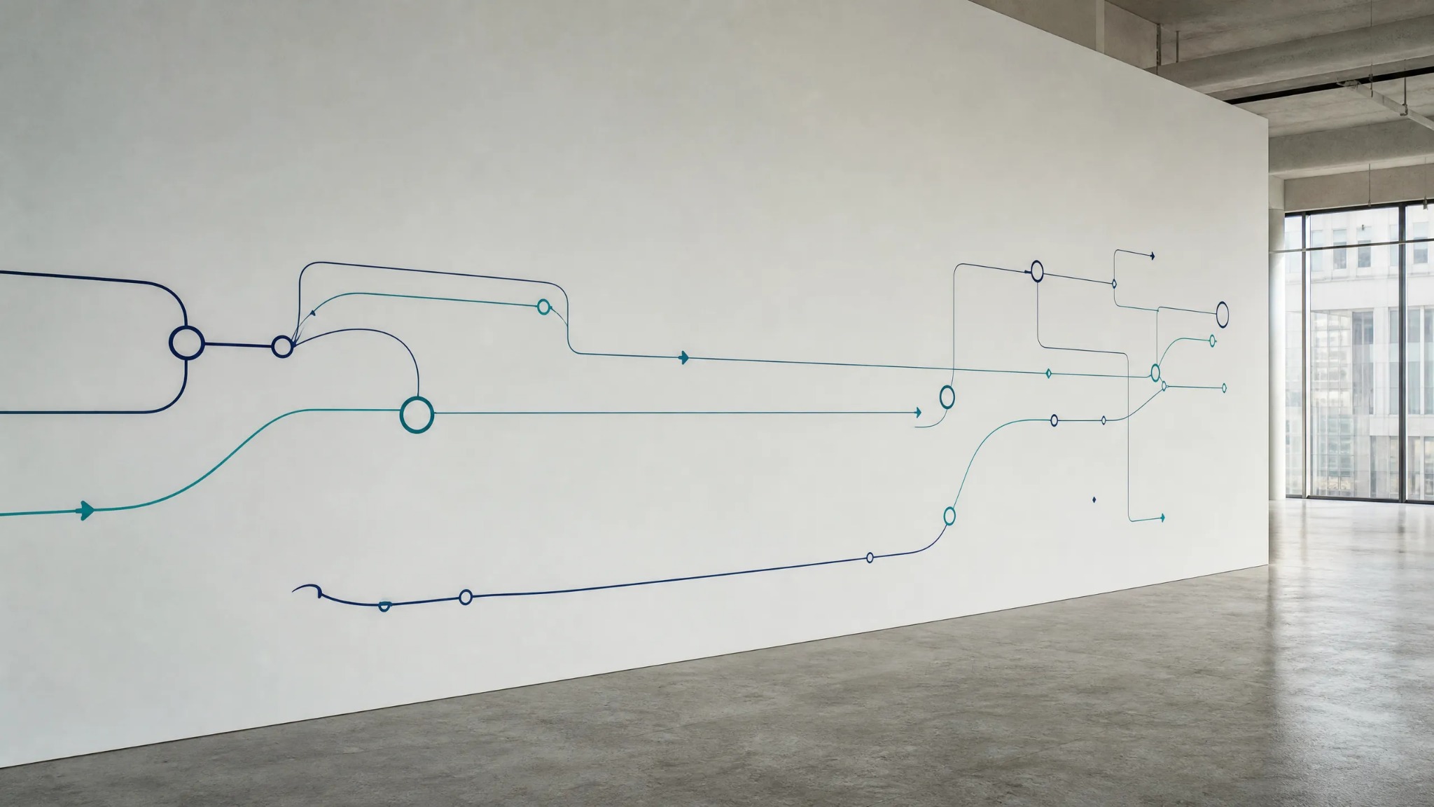 Abstract payment-flow diagram with connected navy and teal paths